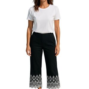 Karen Kane Size 6 Black Cropped Ankle Pants Embroidered Scallop Coastal Grandma